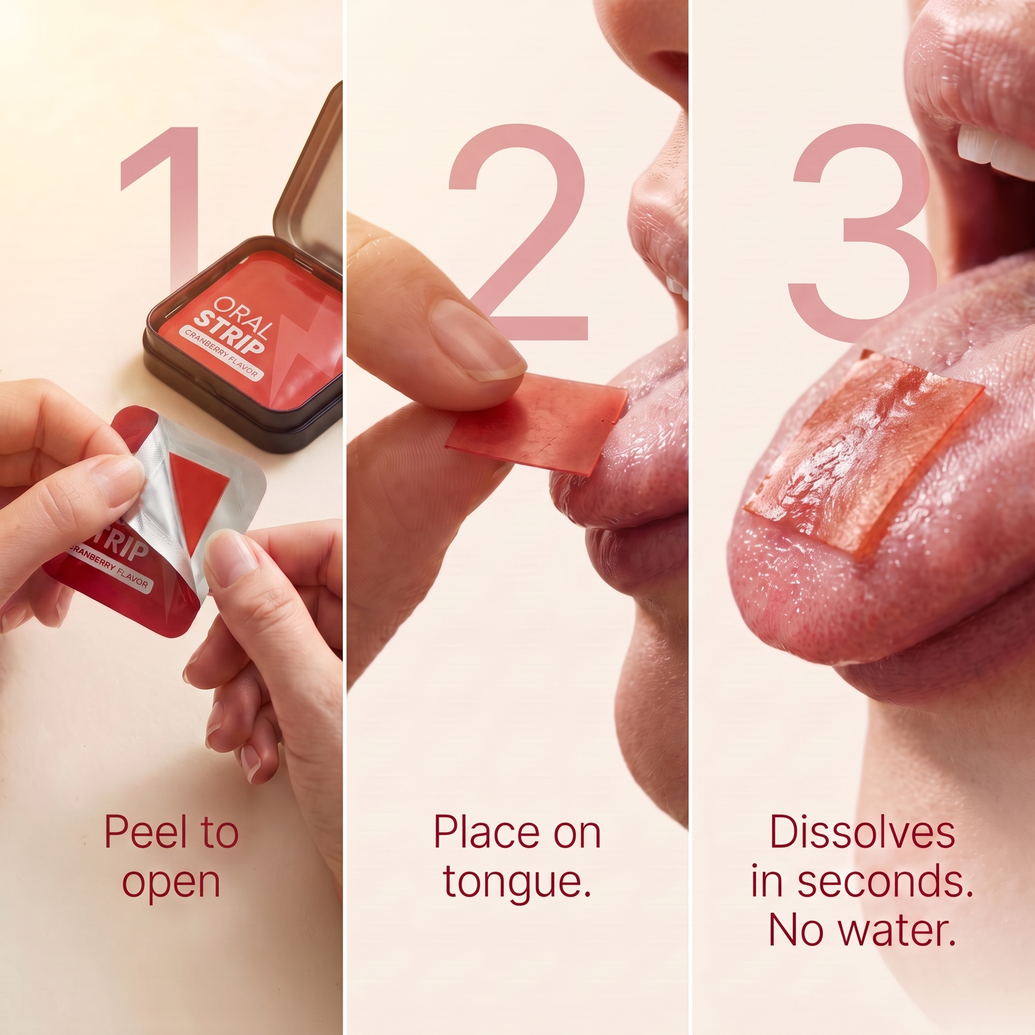Three steps: peel a strip, let it dissolve, feel steady energy
