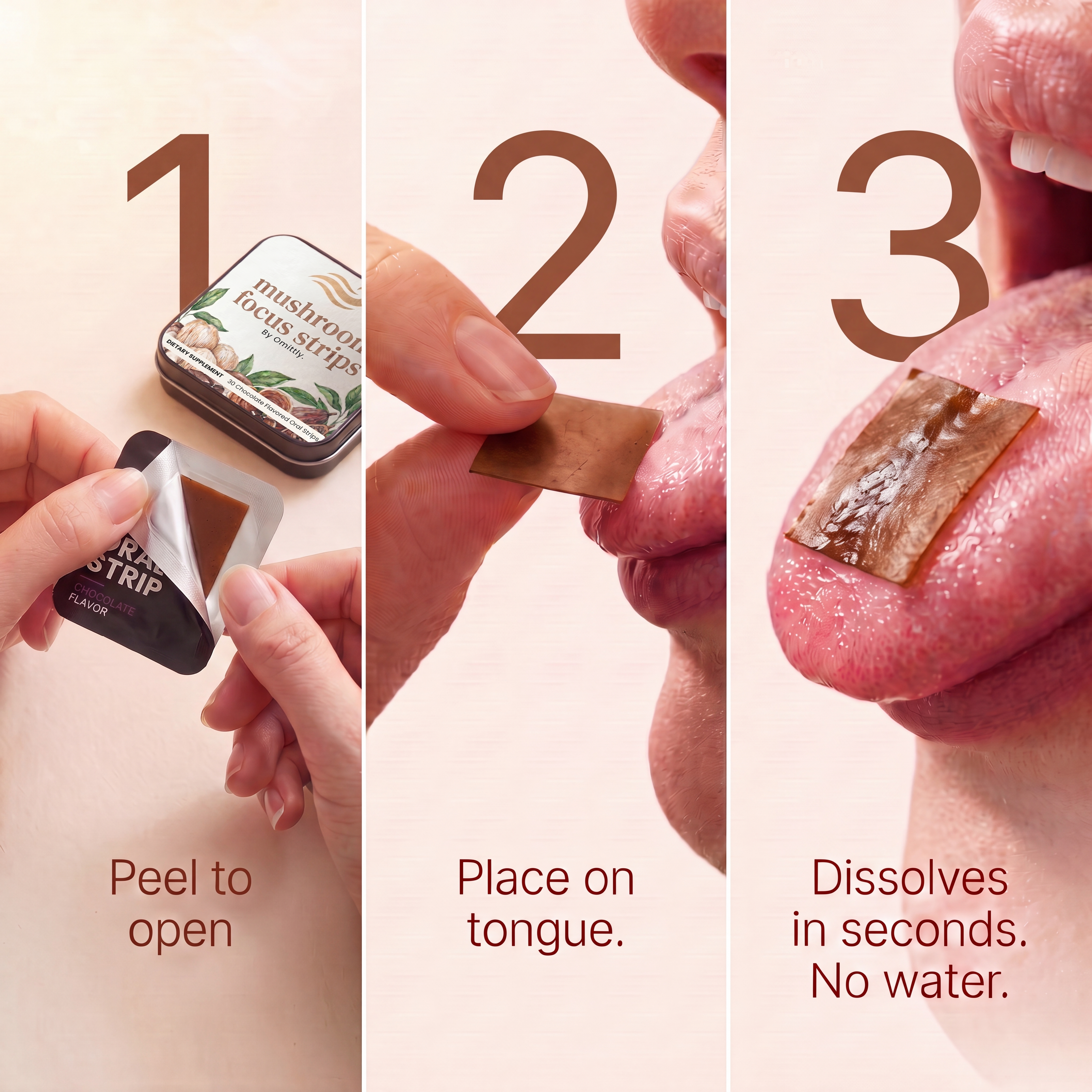 Three steps: peel a strip, let it dissolve, feel the effect