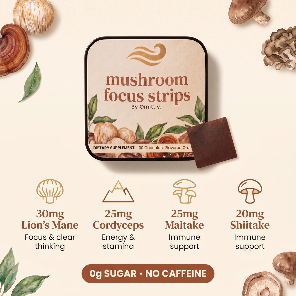 Omittly Focus Strips supplement facts: 30mg Lion's Mane, 25mg Cordyceps, 25mg Maitake, 20mg Shiitake