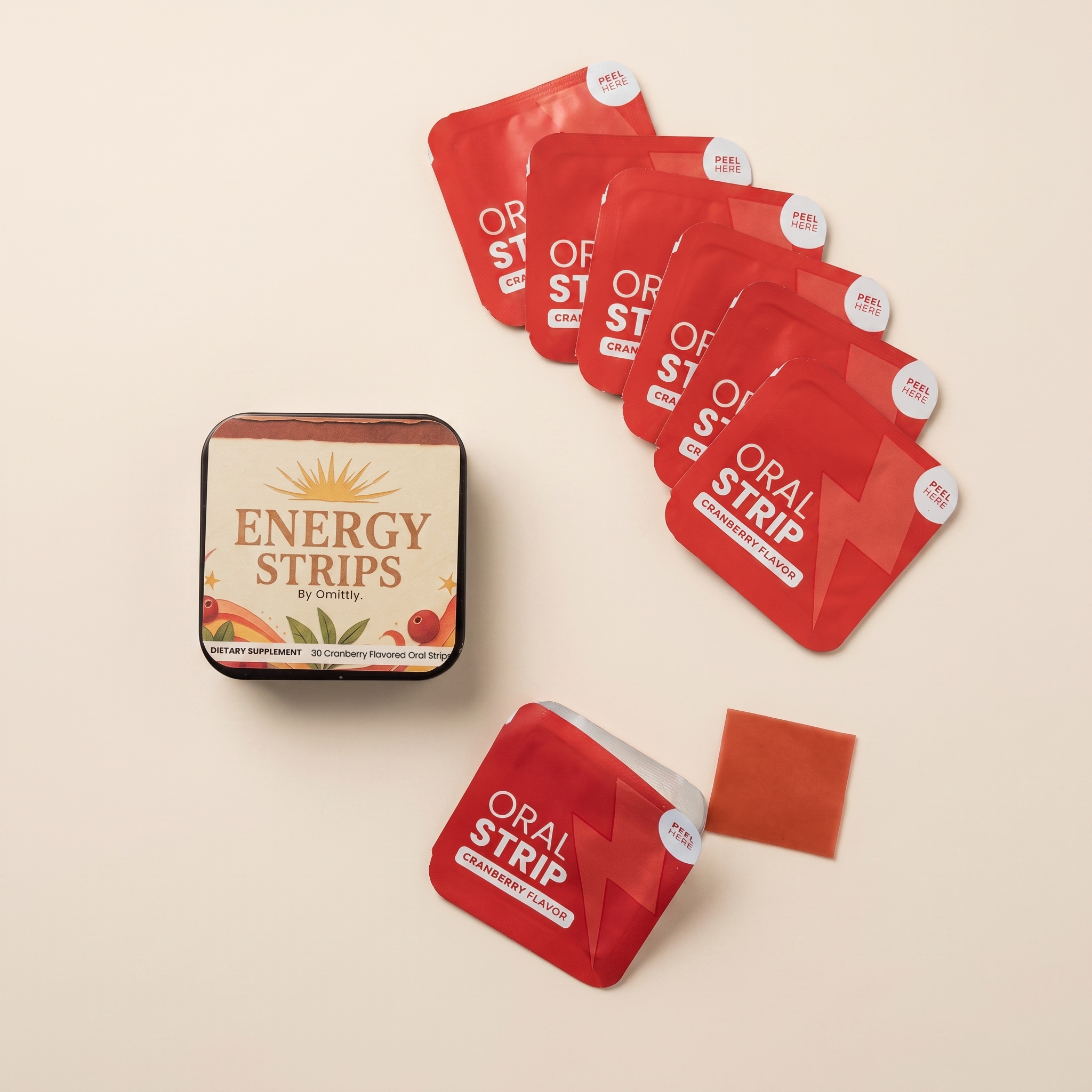 Omittly Energy Strips tin and cranberry strips fanned out